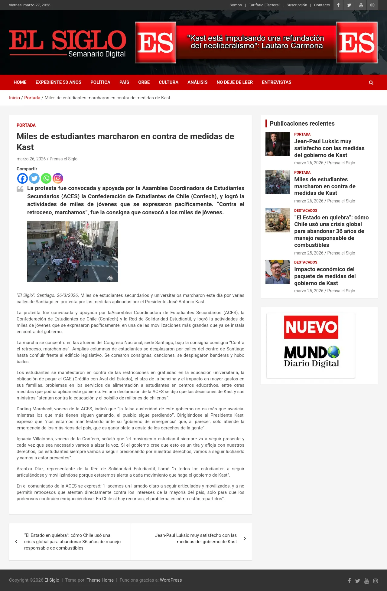 Miles de estudiantes marcharon en contra de medidas de Kast