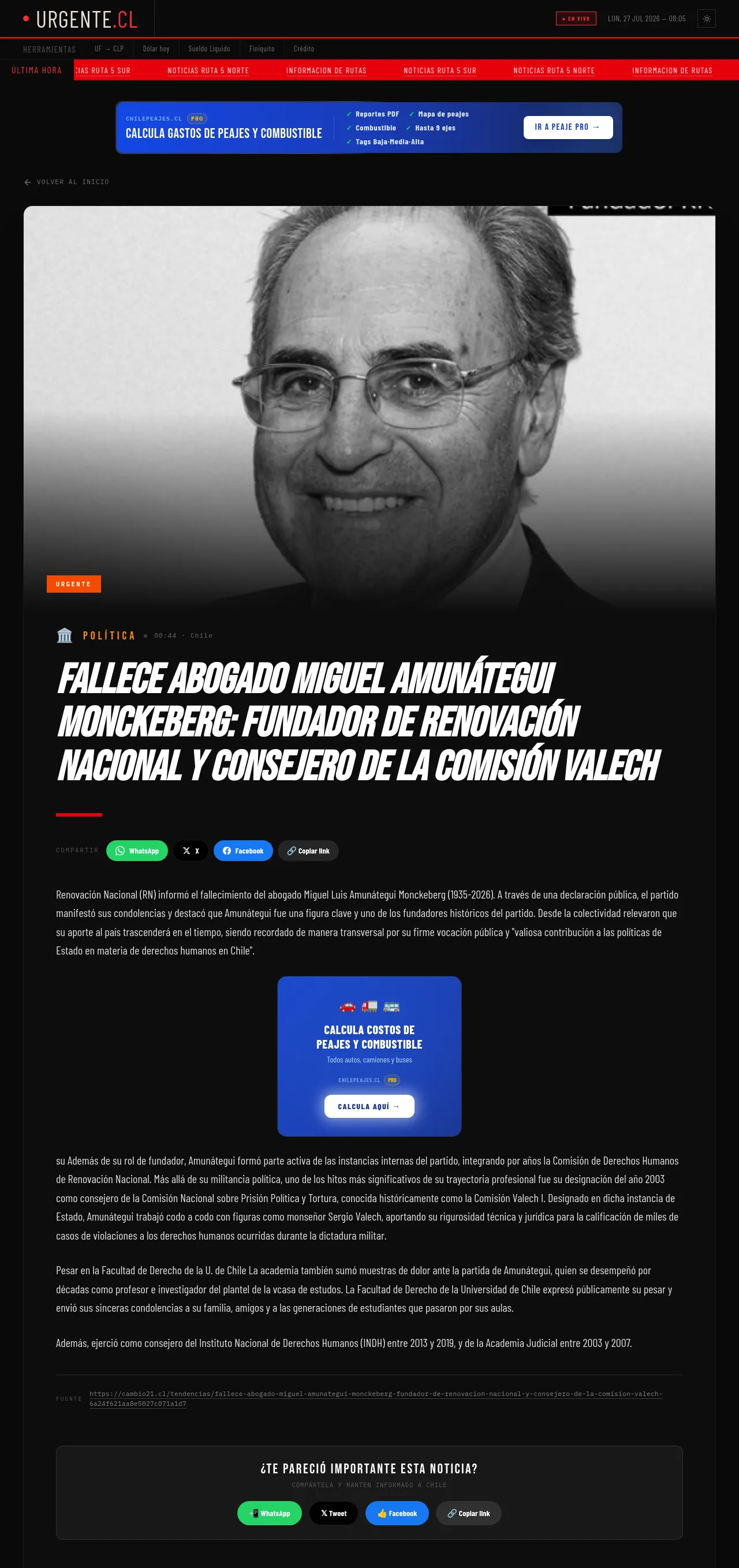 Fallece abogado Miguel Amunátegui Monckeberg: Fundador de Renovación Nacional y consejero de la Comisión Valech
