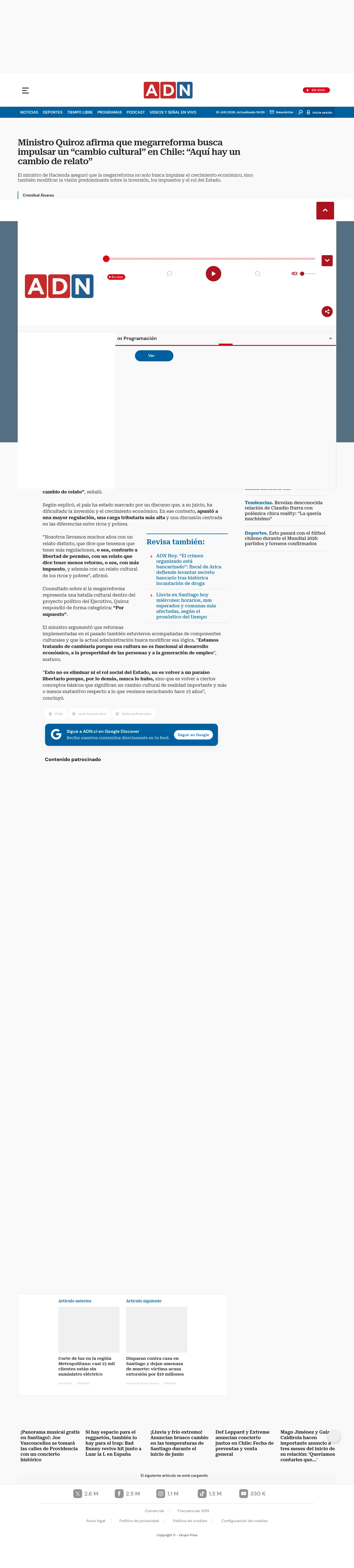 Ministro Quiroz afirma que megarreforma busca impulsar un “cambio cultural” en Chile: “Aquí hay un cambio de relato”