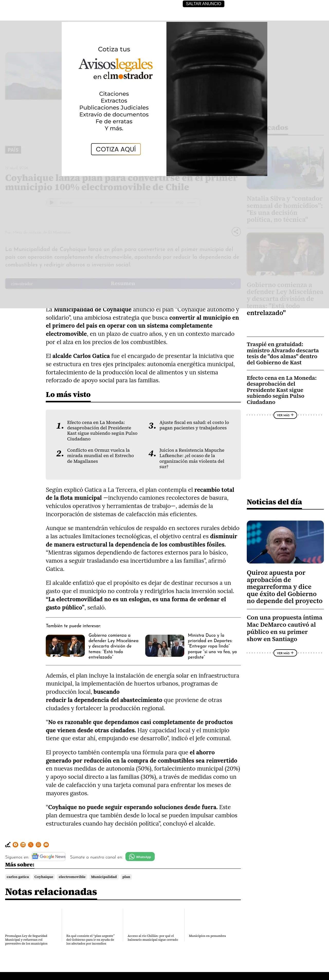 Coyhaique lanza plan para convertirse en el primer municipio 100% electromovible de Chile