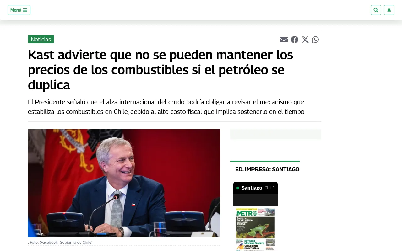 Kast advierte que no se pueden mantener los precios de los combustibles si el petróleo se duplica