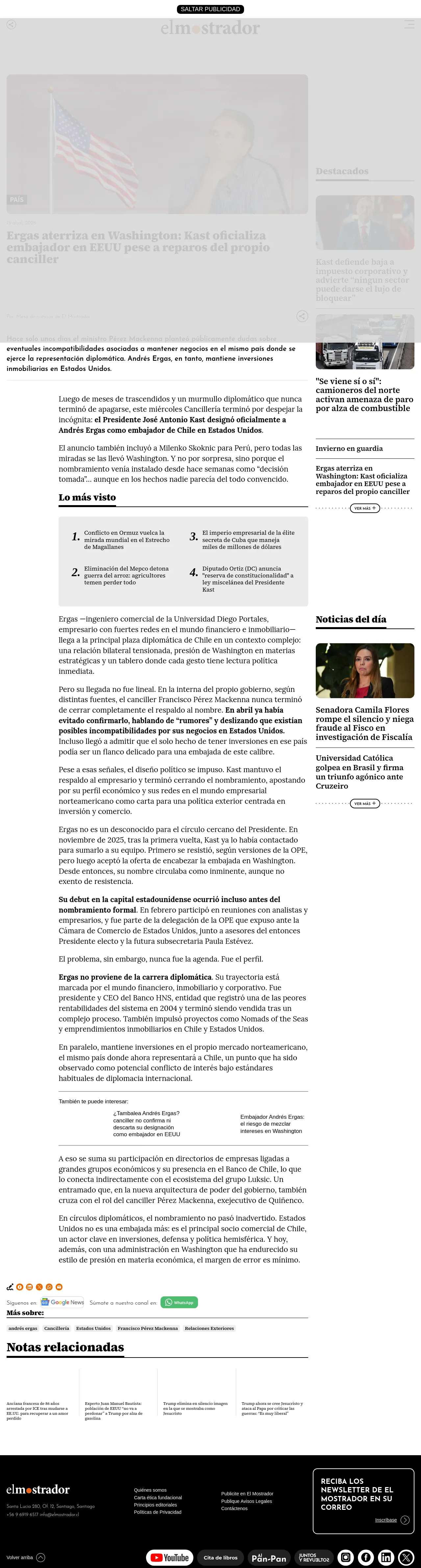 Ergas aterriza en Washington: Kast oficializa embajador en EEUU pese a reparos del propio canciller