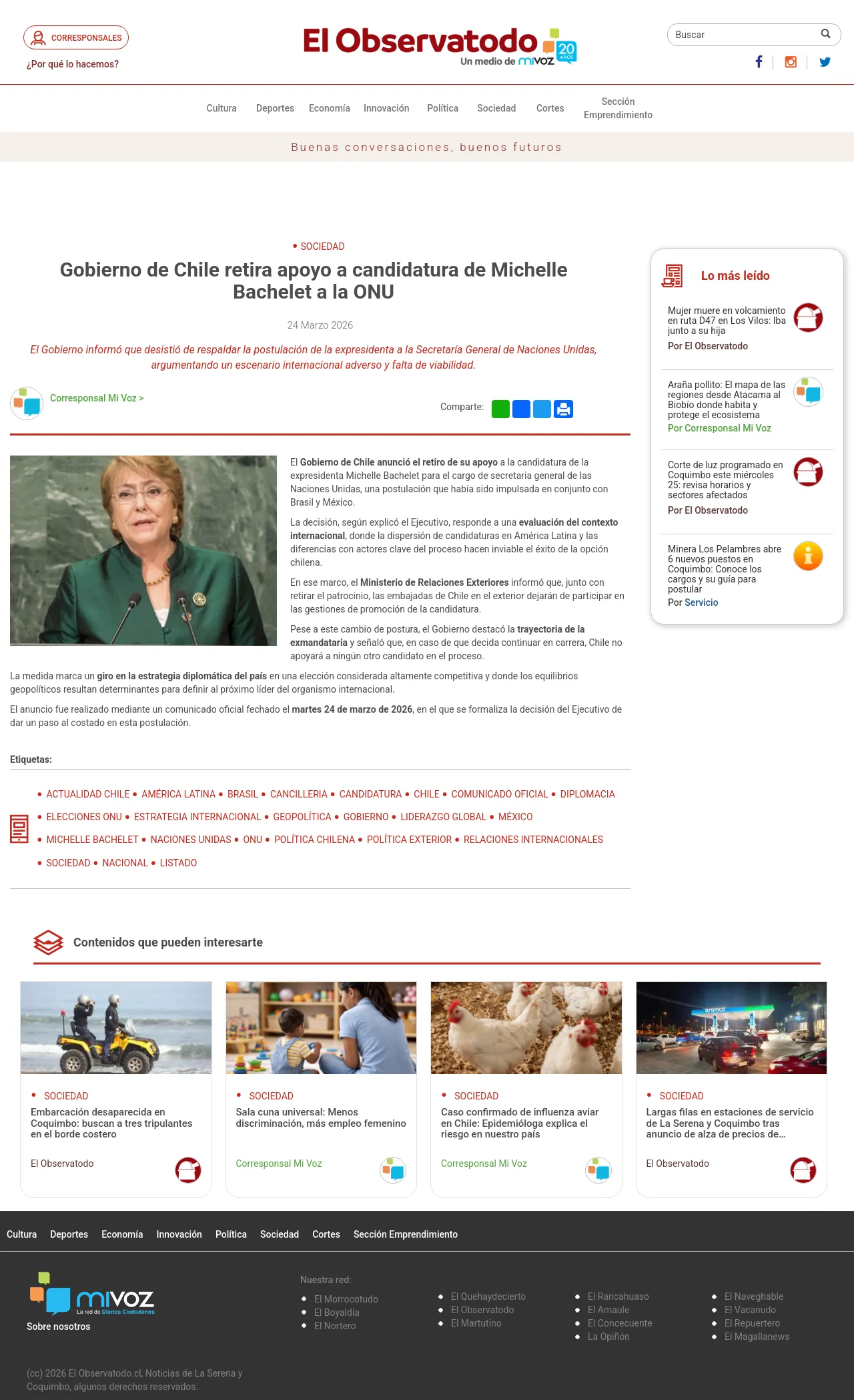 Gobierno de Chile retira apoyo a candidatura de Michelle Bachelet a la ONU