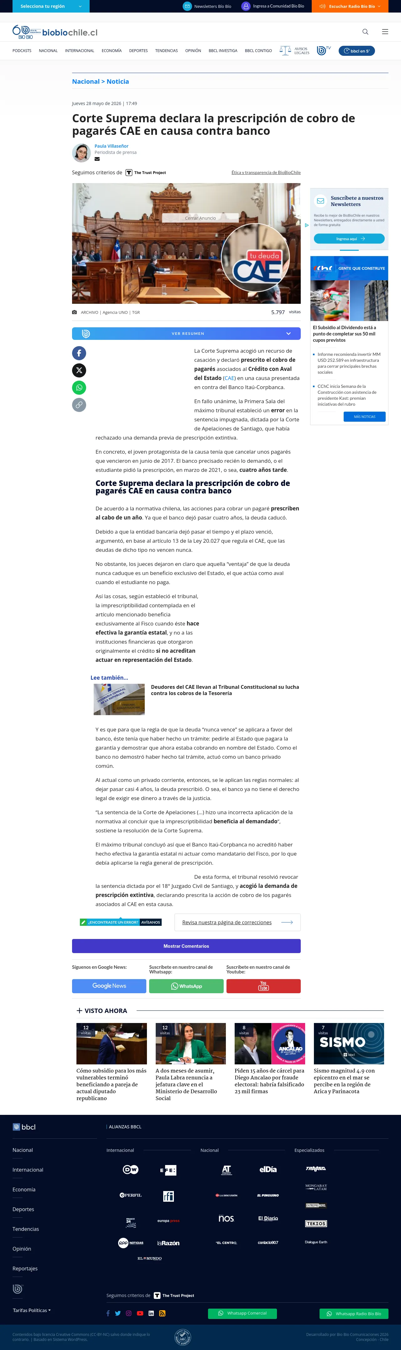Corte Suprema declara la prescripción de cobro de pagarés CAE en causa contra banco