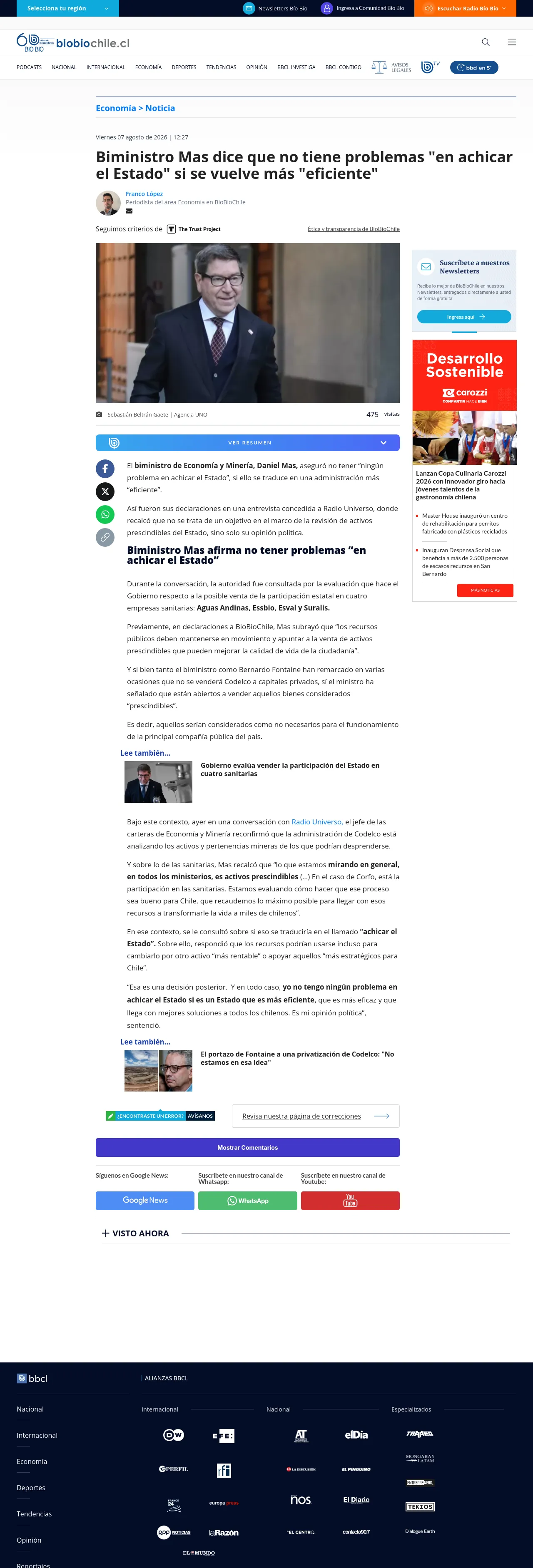 Biministro Mas dice que no tiene problemas "en achicar el Estado" si se vuelve más "eficiente"
