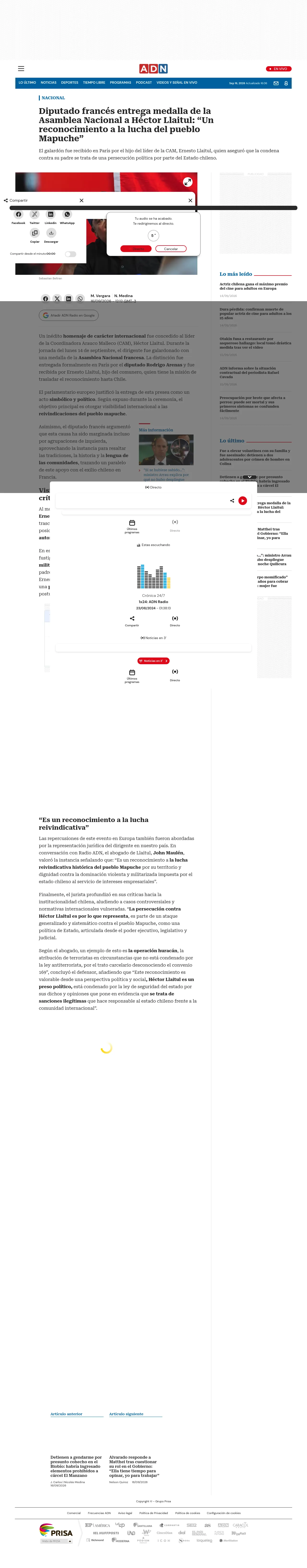 Diputado francés entrega medalla de la Asamblea Nacional a Héctor Llaitul: “Un reconocimiento a la lucha del pueblo Mapuche”
