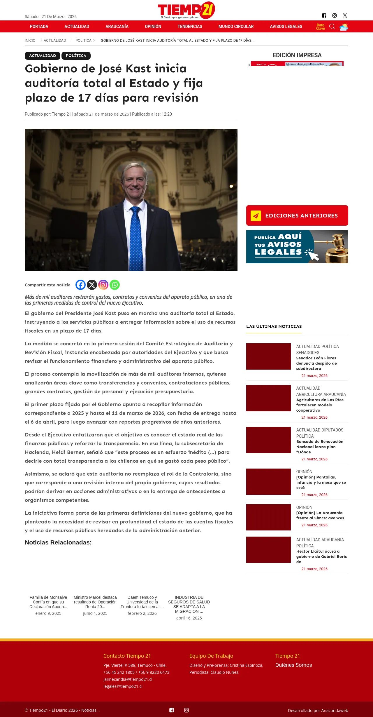Gobierno de José Kast inicia auditoría total al Estado y fija plazo de 17 días para revisión