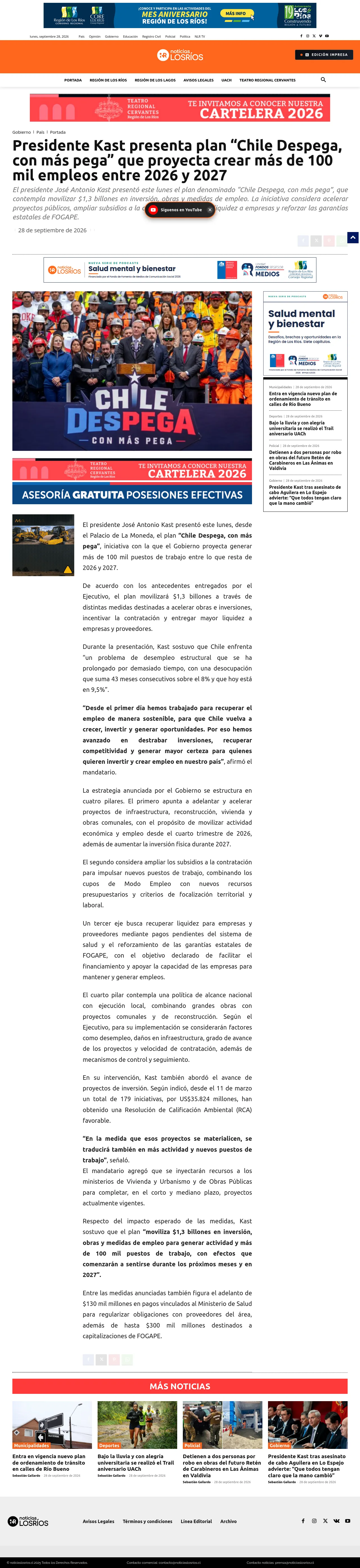 Presidente Kast presenta plan “Chile Despega, con más pega” que proyecta crear más de 100 mil empleos entre 2026 y 2027