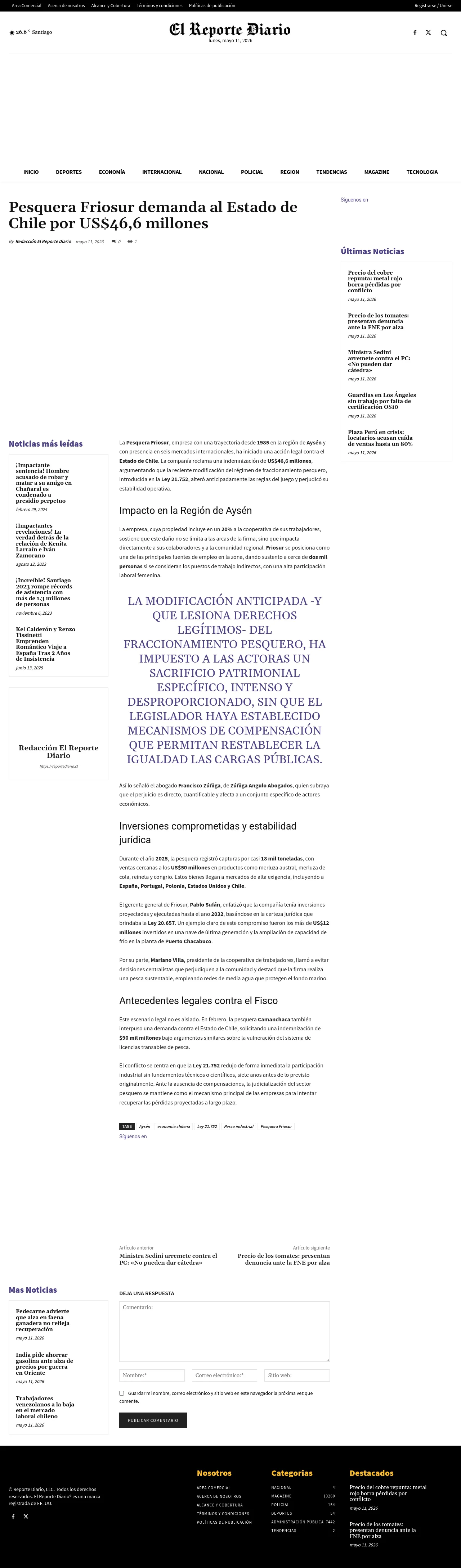 Pesquera Friosur demanda al Estado de Chile por US$46,6 millones