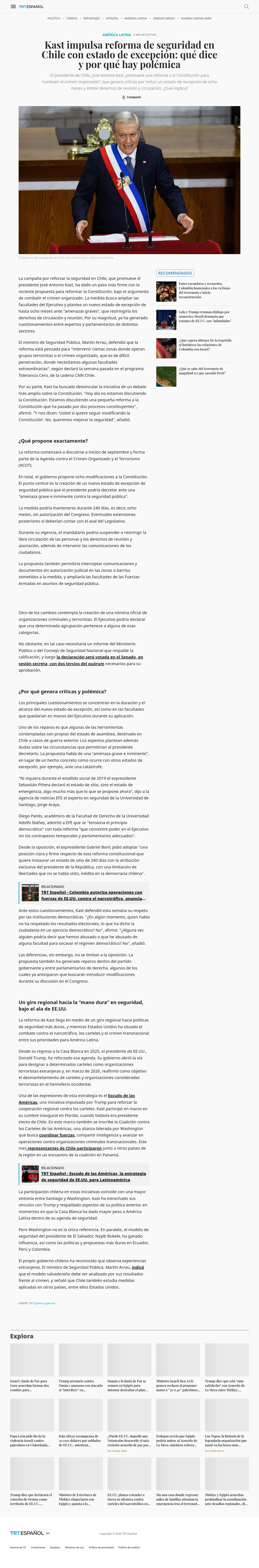 Kast impulsa reforma de seguridad en Chile con estado de excepción: qué dice y por qué hay polémica