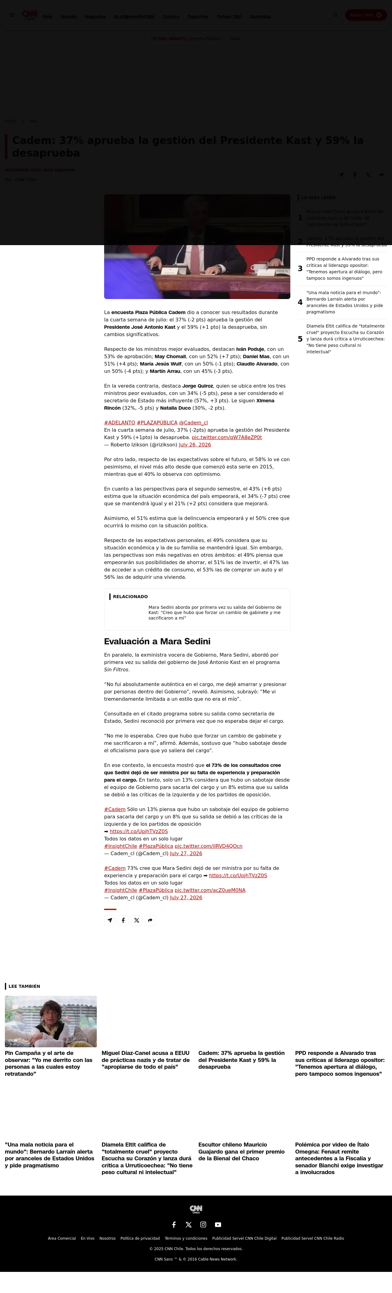 Cadem: 37% aprueba la gestión del Presidente Kast y 59% la desaprueba