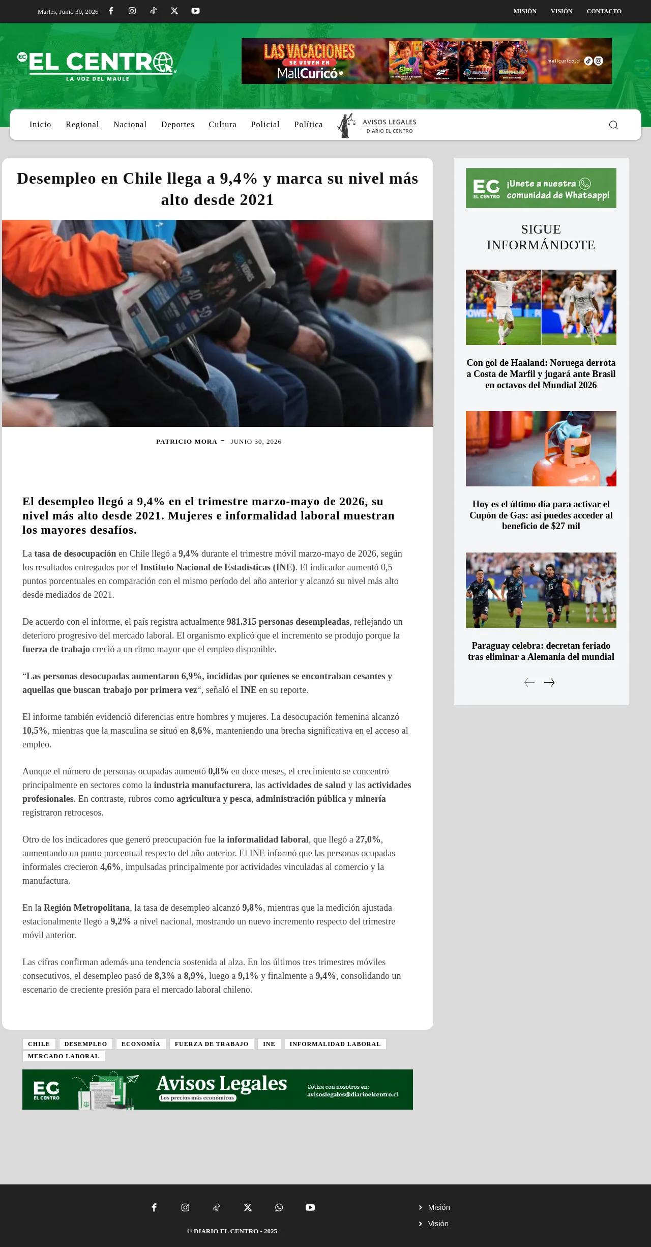 Desempleo en Chile llega a 9,4% y marca su nivel más alto desde 2021