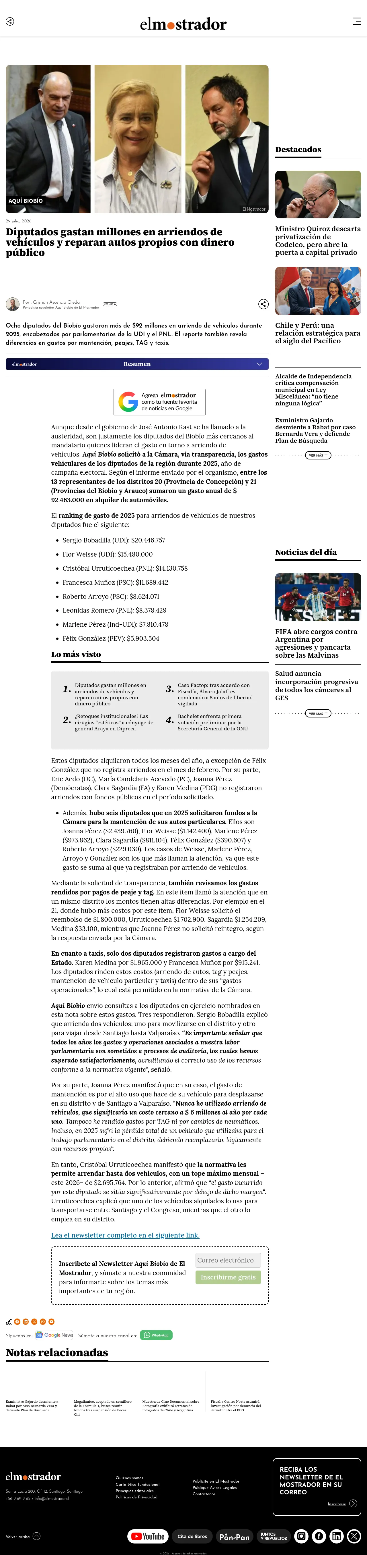 Diputados gastan millones en arriendos de vehículos y reparan autos propios con dinero público