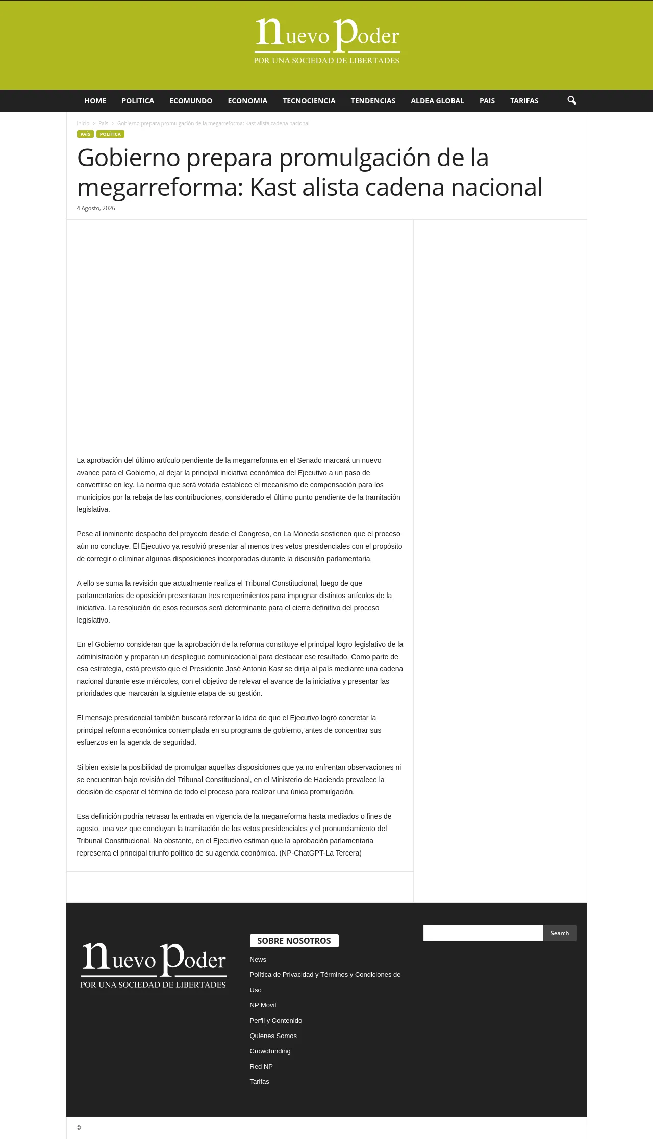 Gobierno prepara promulgación de la megarreforma: Kast alista cadena nacional