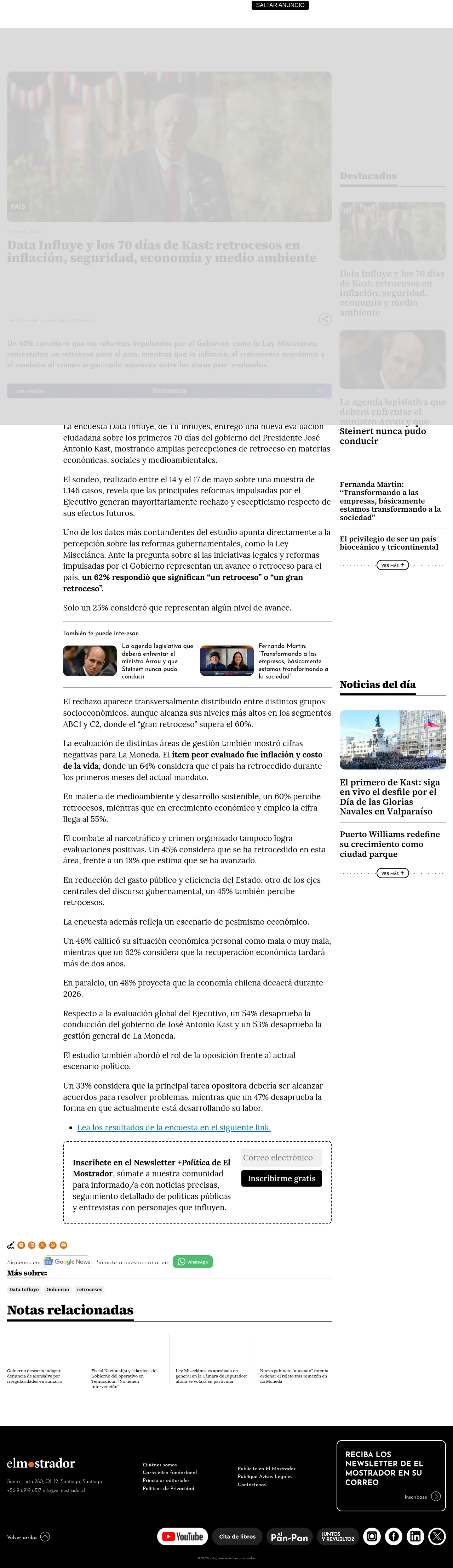 Data Influye y los 70 días de Kast: retrocesos en inflación, seguridad, economía y medio ambiente