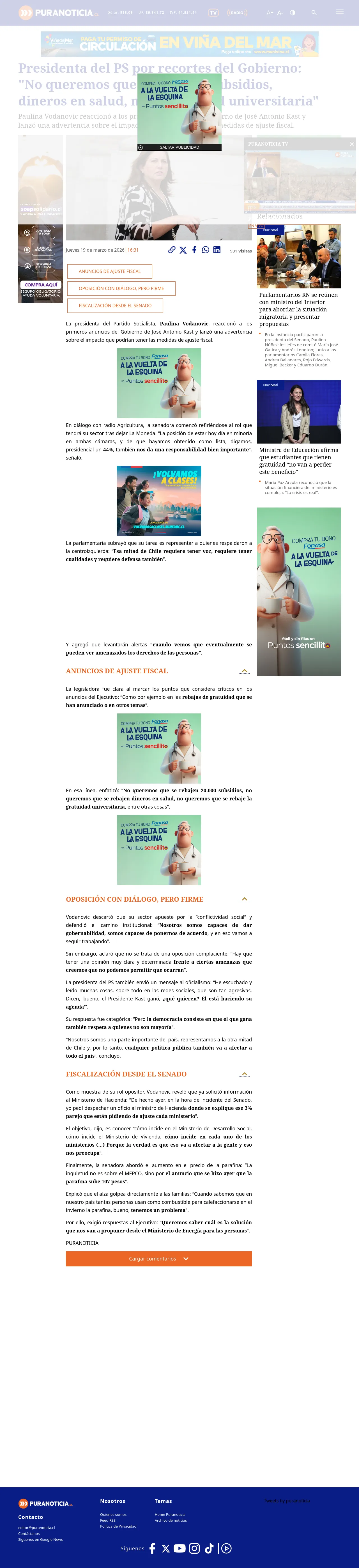 Presidenta del PS por recortes del Gobierno: "No queremos que se rebajen subsidios, dineros en salud, ni la gratuidad universitaria"