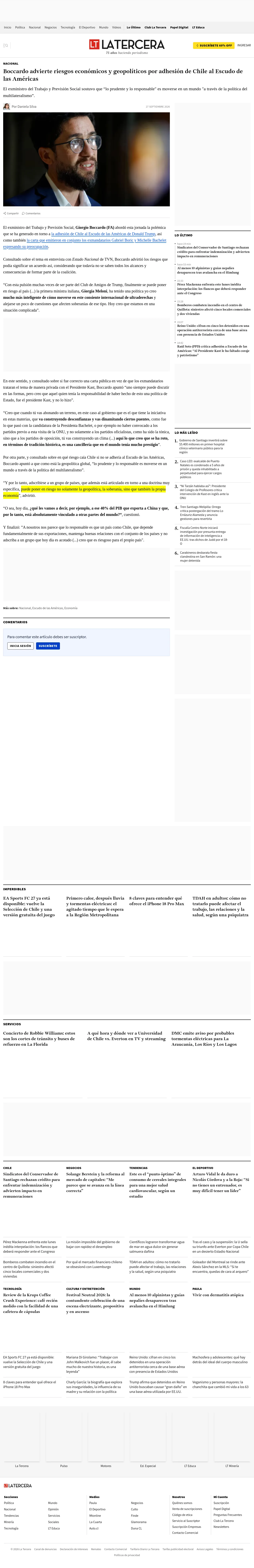 Boccardo advierte riesgos económicos y geopolíticos por adhesión de Chile al Escudo de las Américas