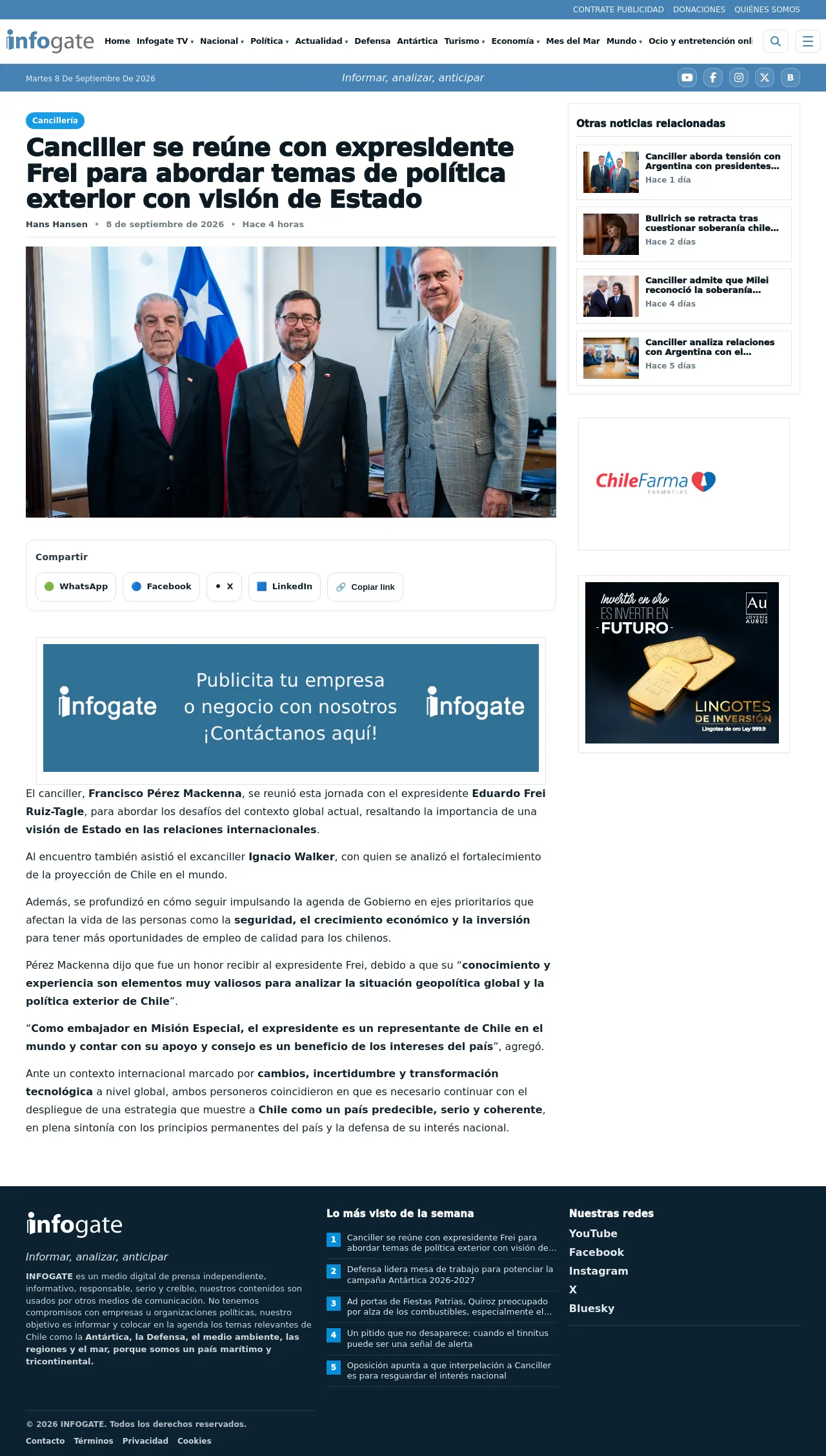 Canciller se reúne con expresidente Frei para abordar temas de política exterior con visión de Estado