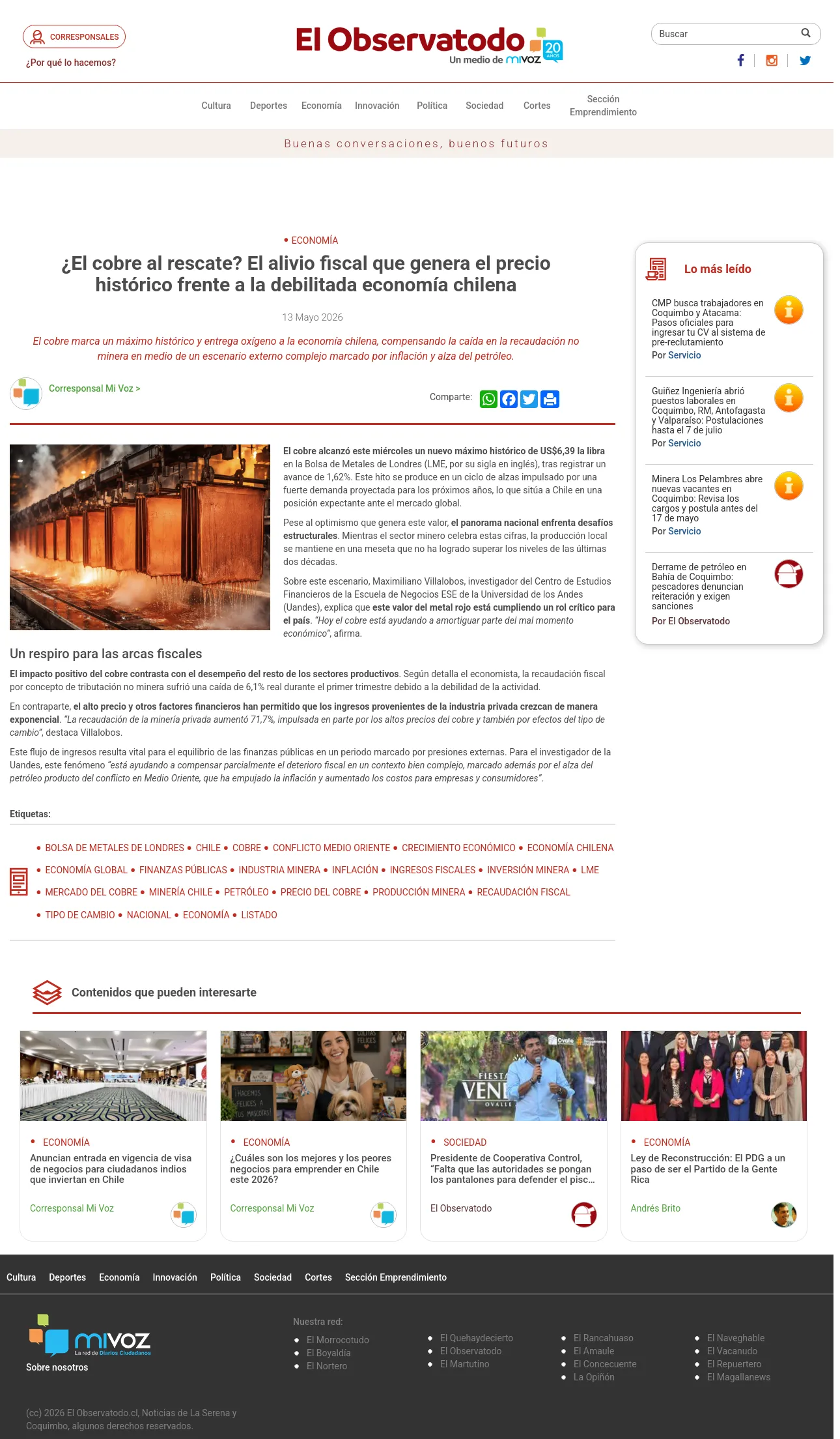 ¿El cobre al rescate? El alivio fiscal que genera el precio histórico frente a la debilitada economía chilena