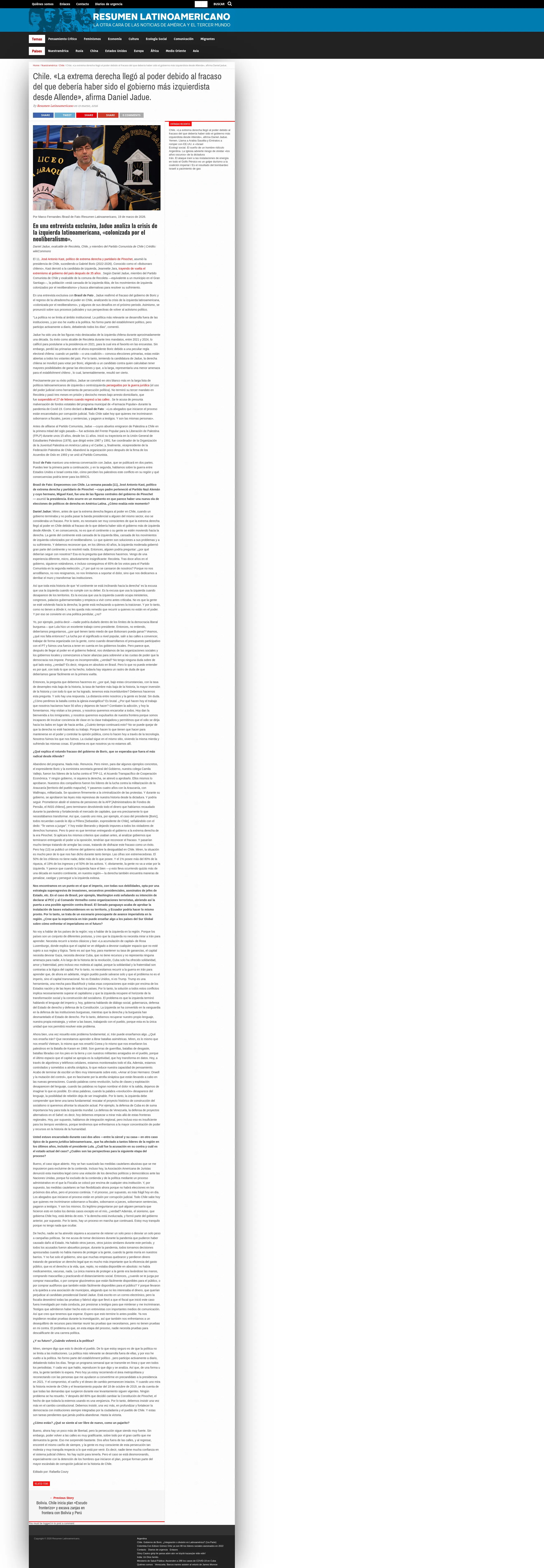 Chile. «La extrema derecha llegó al poder debido al fracaso del que debería haber sido el gobierno más izquierdista desde Allende», afirma Daniel Jadue.