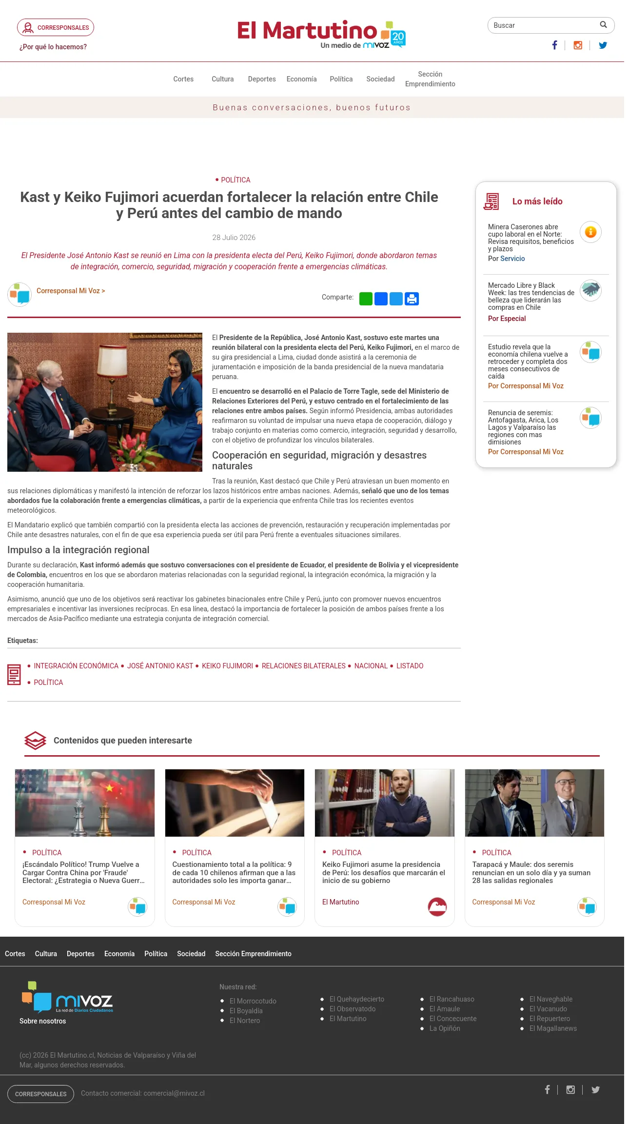Kast y Keiko Fujimori acuerdan fortalecer la relación entre Chile y Perú antes del cambio de mando