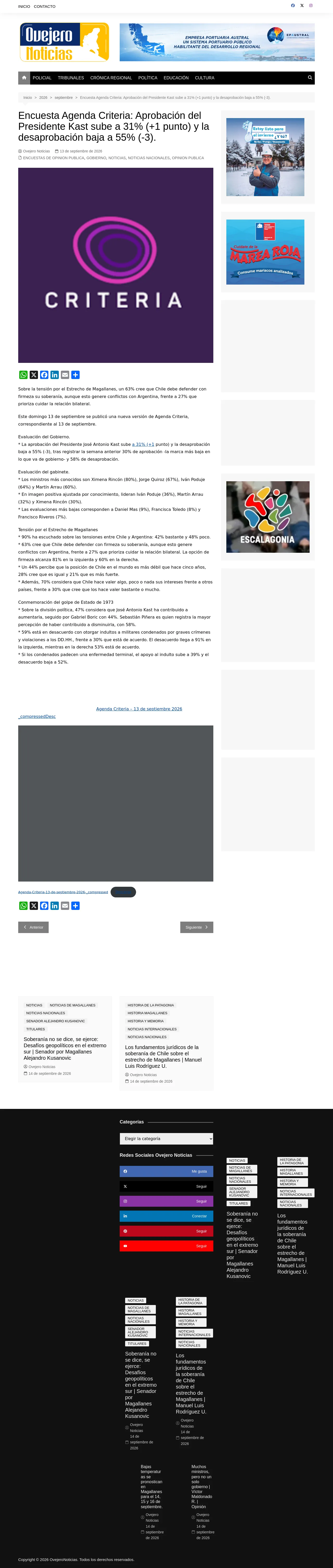 Encuesta Agenda Criteria: Aprobación del Presidente Kast sube a 31% (+1 punto) y la desaprobación baja a 55% (-3).